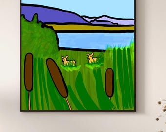 Twin Fawns - Chevreuil dans une prairie - Lac Mono (20 x 20 po.)