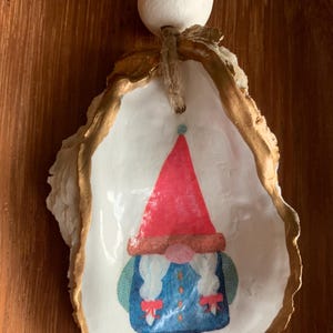 Christmas Hat Gnome Beaded Oyster Shell Gold Rimmed Ornament Coastal Beach Decor Housewarming Gift