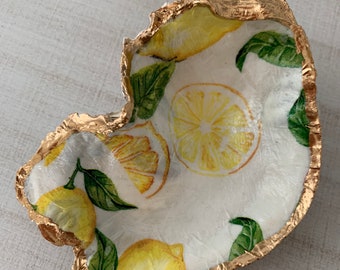 Lemon Oyster Shell Jewelry Ring Dish Gold Gilded Hostess Gift Home Decor