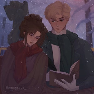 May include: A couple sits together in a snowy setting. The woman is wearing a red scarf and a brown coat, and she is leaning against the man. The man is wearing a green coat and a white scarf, and he is reading a book titled "The History of the World".