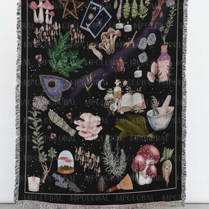 Witchcratfs Cotton Blanket Tapestry, Witchy Plants Herbs Throw, Mushroom Moth Potions, Mystical Magic Goth, Dark Cottagecore, Gothic Bedding