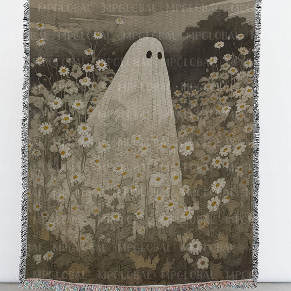 Wildflowers Field Ghost Woven Tapestry, Ghoul Ghost Blanket, Halloween Vintage Ghost Gifts, Aesthetic Floral Boo Bedding,Dark Academia Decor