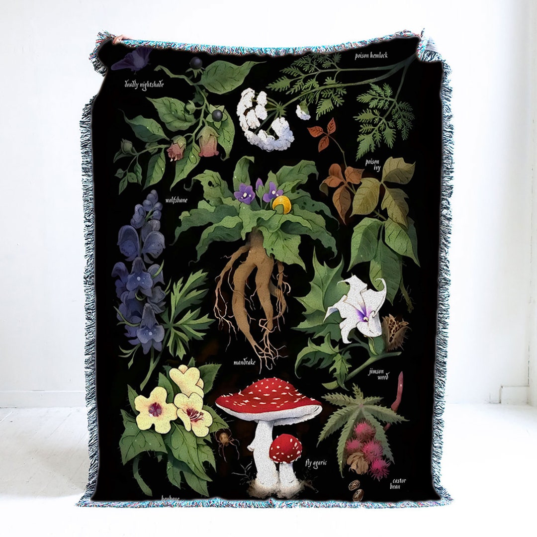 Plants Mushroom Dark Forest Blanket, Cottagecore Fungus Throw, Dark