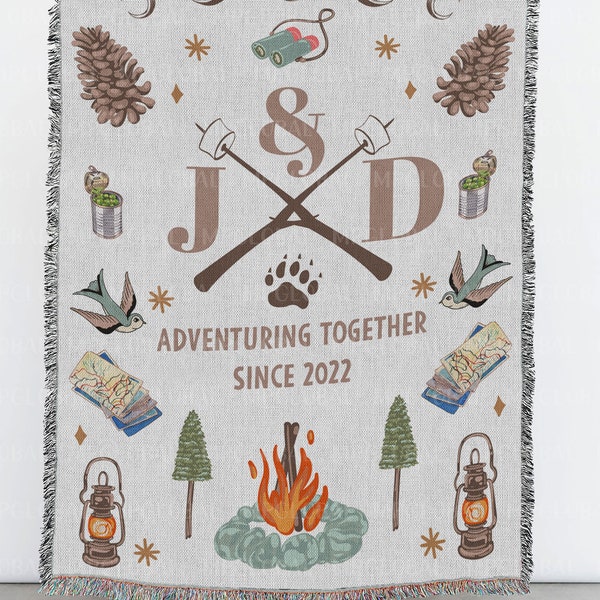 Personalized Adventure Couple Cotton Blanket, Couples Initials Wedding, Wedding Camping Gifts, Hiking Couple Goals,Wife Nature Lover Blanket