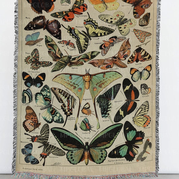 Retro Butterflies Collection Cotton Blanket, Butterfly Insects Throw, Vintage Butterfly Books Tapestry Blanket, Moths Butterfly Couch Throw