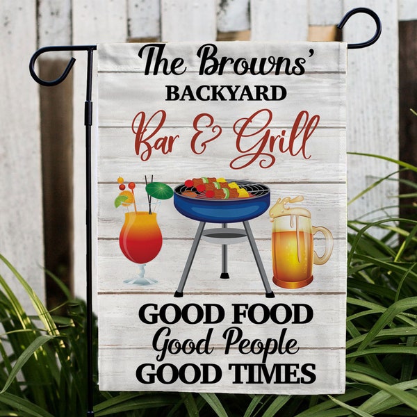Bar & Grill Personalized Backyard Flag, Backyard Drinking Party Flag, Bar and Grill Decor, BBQ Home Bar Flag, Backyard Bar Rustic Yard Flags