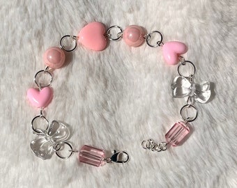 Pink love hearts handmade silver bead bracelet