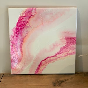 Hand Painted Acrylic on a 14 x 14 canvas | Paint Pouring | Bloom Swipe | Abstract Art | Metallic | Cells | Wall Art | Wall Hanging | Pink