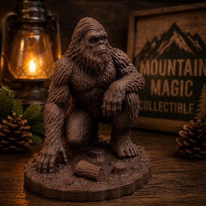 May include: A brown Bigfoot figurine in a crouching pose. The collectible has detailed fur texture and is set on a base with small logs. A wooden sign with "MOUNTAIN MAGIC COLLECTIBLE" is in the background.