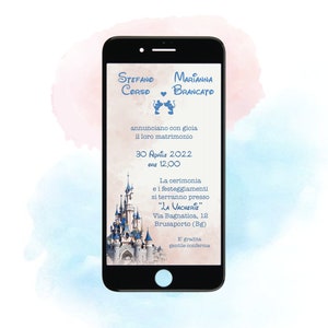 Partecipazion Matrimonio a tema Disney, invito digitale - Grafica con castello Disney - Invito Whatsapp