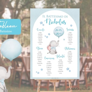 TABLEAU battesimo elefantino azzurro Tableau file PDF da stampare battesimo bimbo compleanno segnatavolo segnaposto elefantino animali