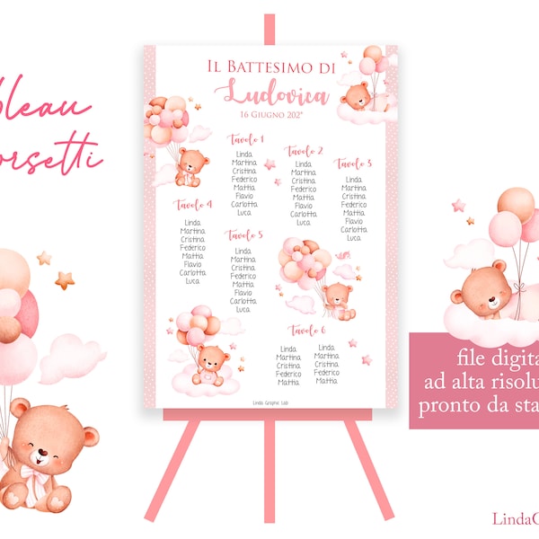 Tableau battesimo orsetto rosa Tableau file PDF da stampare battesimo bimba compleanno segnatavolo segnaposto orsetto animali elefantino