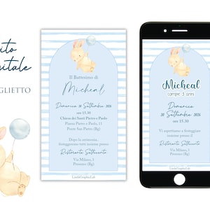 Inviti digitali battesimo compleanno coniglietto azzurro vintage inviti battesimo vintage compleanno bimba bimbo invito Whatsapp 3 4 5 anni