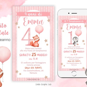 Invito compleanno animali pinguino volpe palloncini invito digitale primo compleanno, 1 anno 2 anni 3 anni 4 anni invito whatsapp rosa