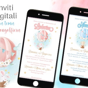 Invito digitale Battesimo mongolfiera, inviti compleanno comunione, tema mongolfiera, invito whatsapp, bimbo bimba, mongolfiera rosa azzurra