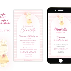 Inviti digitali battesimo compleanno coniglietto rosa vintage inviti battesimo vintage rosa compleanno bimba bimbo invito Whatsapp 3 anni