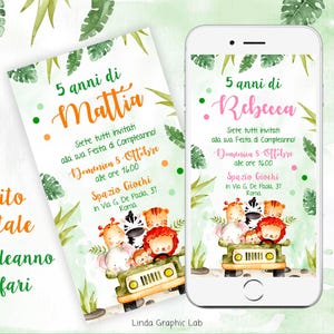Invito compleanno safari jeep animali giungla, invito digitale compleanno bambino bambina inviti whatsapp animali savana festa 2 anni 3 anni