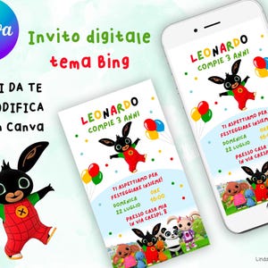 Può includere: Invito digitale a tema Bing, con il testo "LEONARDO COMPIE 3 ANNI". L'invito include palloncini colorati e il testo "TI ASPETTIAMO PER FESTEGGIARE INSIEME!" su sfondo bianco. Il design è mostrato su un telefono e una scheda stampata.