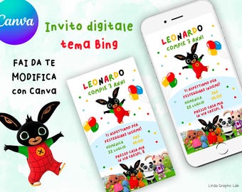 Invito compleanno BING, invito compleanno CANVA bambino bambina inviti whatsapp digitali 2 anni 3 anni 4 anni 5 anni modificabile stampabile