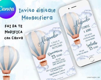 Digitale Einladung zur Taufe mit Heißluftballon, Einladung zum Babygeburtstag, mit Canva-Vorlage bearbeitbar, sofortiger Download, blauer Heißluftballon