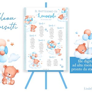 Tableau battesimo orsetto azzurro rosa Tableau file PDF da stampare battesimo bimbo bimba segnatavolo segnaposto orsetto animali elefantino