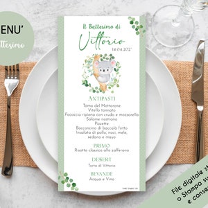 Menù BATTESIMO animali savana safari koala battesimo green verde animali menù digitale stampato battesimo animaletti bimbo bimba segnaposto