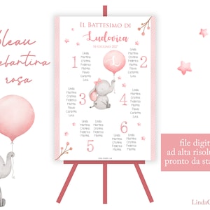 Tableau battesimo elefantino rosa Tableau file PDF da stampare battesimo bimba compleanno segnatavolo segnaposto elefantina animali orsetto