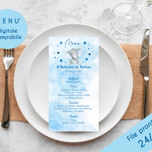 Menù digitale stampabile - Menù Battesimo digitale - Menù tema elefantino - Menù stampabile con grafica personalizzata - Battesimo