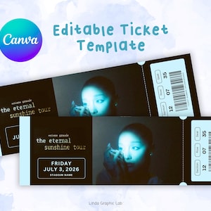 Può includere: Un modello di biglietto modificabile per The Eternal Sunshine Tour di Ariana Grande. Il biglietto presenta uno sfondo scuro con un ritratto dai toni blu, il testo Friday July 3, 2026, e sezioni per posto, fila e numero di settore con codice.