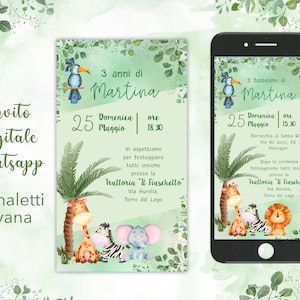 Invito animali compleanno battesimo savana giungla, invito digitale, elefantino, leone, festa di compleanno bimbo bimba, invito whatsapp