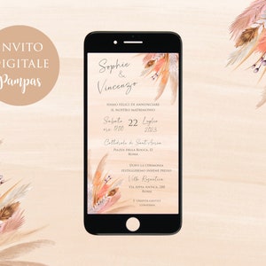 Partecipazione Invito Digitale Matrimonio Pampas, Nozze, Matrimonio Boho,  Save The Date digitale, Grafica personalizzata