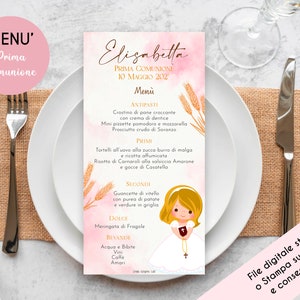 Menù Prima Comunione, Menù Comunione Bimba, Prima Comunione Bimba bionda e mora, Menù stampabile con grafica personalizzata