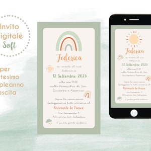 Invito Digitale Battesimo Compleanno Nascita, invito digitale, gender neutral, invito arcobaleno, sole, colori soft, invito whatsapp