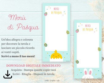 Puede incluir: Dos plantillas de menú de Pascua imprimibles con un fondo azul claro y diseños de huevos de Pascua coloridos. El texto en las plantillas dice "Menu di Pasqua".