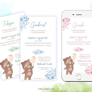 Invito battesimo orsetto, invito digitale orsetto bambino bambina inviti whatsapp rosa azzurro verde invito animali orsetto palloncini