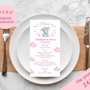 Menù digitale stampabile - Menù Battesimo digitale - Menù tema elefantino - Menù stampabile con grafica personalizzata - Battesimo