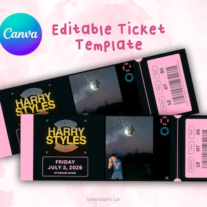 以下が含まれることがあります： ピンクと黒のハリー・スタイルズのコンサートチケット2枚。チケットには「HARRY STYLES」の文字が金と青で書かれており、「FRIDAY JULY 3, 2026」の日付が入っています。チケットには、ディスコボールと人物の写真も含まれています。