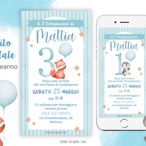Invito compleanno animali pinguino volpe palloncini invito digitale primo compleanno, 1 anno 2 anni 3 anni 4 anni invito whatsapp azzurro