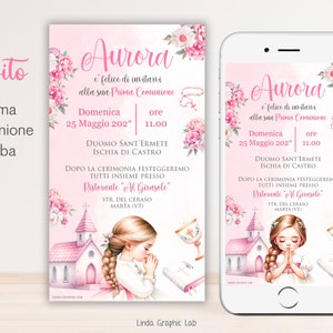 Invito Prima Comunione Bimba Bambina Invito digitale prima comunione bimba rosa Invito Cresima