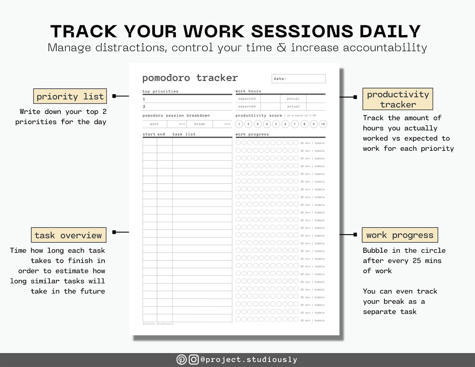 Pomodoro Tracker Printable: Student Productivity Planner (digital ...