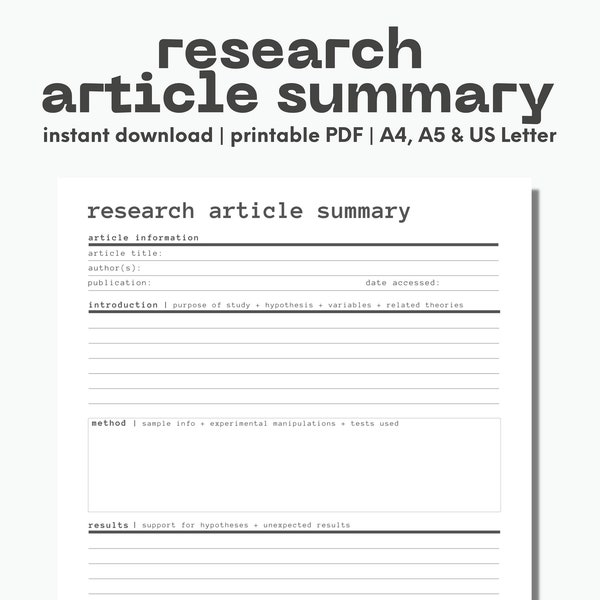 Research Article Summary | Academic Printable PDF | Minimalist Digital Planner | Student Organizers | Instant Download | A4, A5 & US Letter