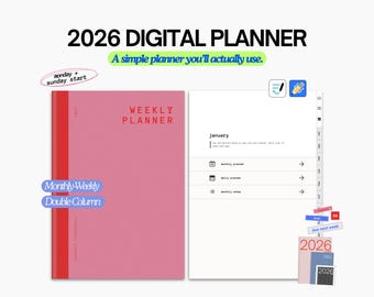 Eenvoudige digitale planner 2026 | Geschikt voor ADHD-beginners | Maandelijks Wekelijks iPad GoodNotes pdf (dubbele kolom)