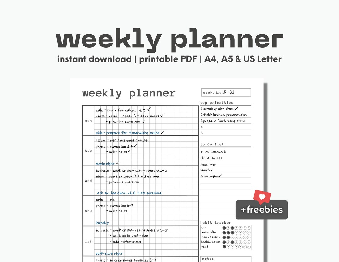 Weekly Planner Academic Printable PDF Minimalist Digital - Etsy