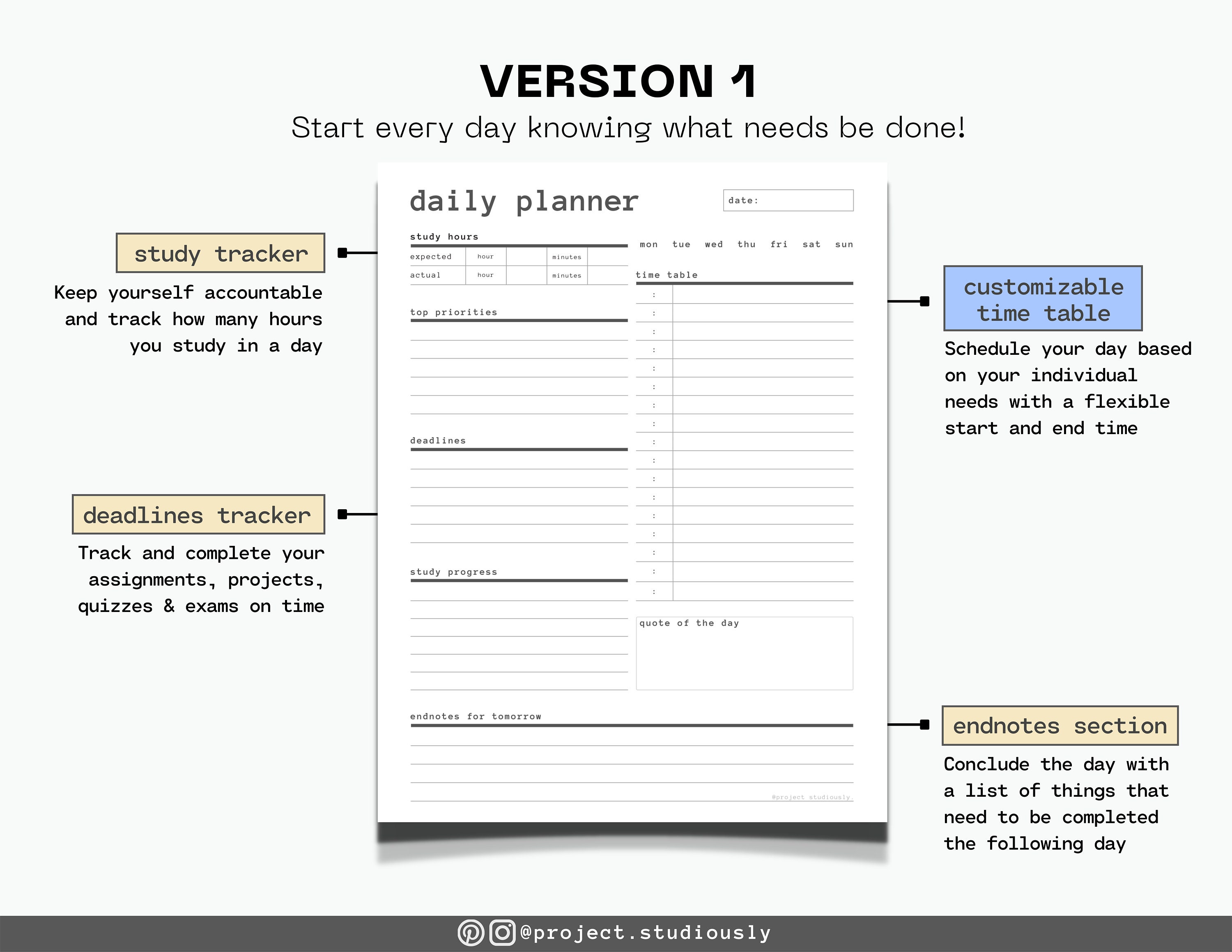 Daily Student Planner Academic Printable PDF Minimalist Digital Planner ...