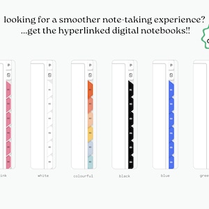Op de afbeelding: Zes digitale notitieboekomslagen in verschillende kleurschema's: roze, wit, kleurrijk, zwart, blauw en groen. Elke omslag heeft een tabbladindex met de nummers 1-10.