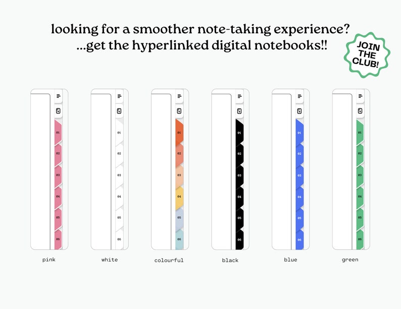 Op de afbeelding: Zes digitale notitieboekomslagen in verschillende kleurschema's: roze, wit, kleurrijk, zwart, blauw en groen. Elke omslag heeft een tabbladindex met de nummers 1-10.