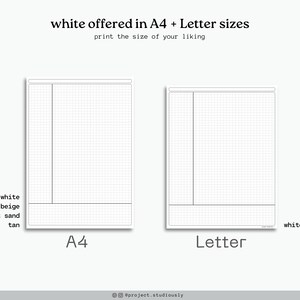 Op de afbeelding: Twee afdrukbare rasterpapier sjablonen, een in A4-formaat en een in Letter-formaat. De sjablonen zijn wit met zwarte rasterlijnen. De tekst "white offered in A4 + Letter sizes" en "print the size of your liking" staat bovenaan de afbeelding. De tekst "A4" staat onder het A4-sjabloon en de tekst "Letter" staat onder het Letter-sjabloon. De tekst "@project.studiously" staat onderaan de afbeelding.
