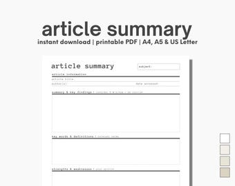 Sjabloon voor artikeloverzicht | Digitale en afdrukbare studentenplanner (digitale download)