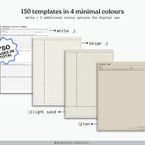 Op de afbeelding: Een set van 150 afdrukbare digitale planner sjablonen in vier minimalistische kleuren: wit, beige, licht zand en bruin. De tekst "750 PAGINA'S IN TOtaal" wordt weergegeven in een blauwe cirkel.