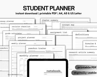 Minimalistisch studentenplannerpakket | Academische printables en digitale pdf-sjablonen (A4, A5, US Letter)